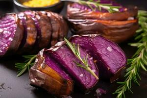 roasted fresh purple sweet potato professional advertising food photography ai generated photo