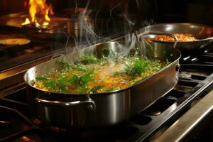Preparing metal pan in kitchen professional advertising photography ai generated photo