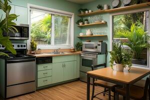 inside kitchen in the minimalist beach inn professional advertising photography AI Generated photo