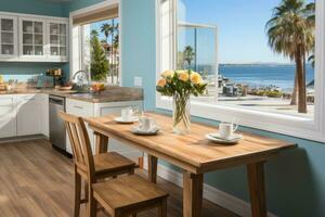 inside kitchen in the minimalist beach inn professional advertising photography AI Generated photo