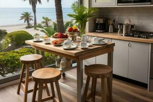 inside kitchen in the minimalist beach inn professional advertising photography AI Generated photo