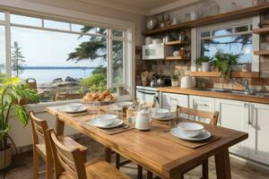 inside kitchen in the minimalist beach inn professional advertising photography AI Generated photo