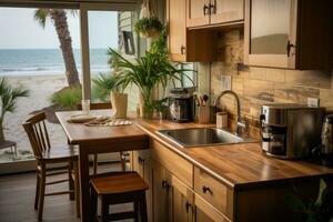 inside kitchen in the minimalist beach inn professional advertising photography AI Generated photo