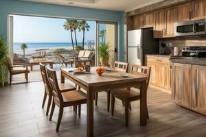 inside kitchen in the minimalist beach inn professional advertising photography AI Generated photo