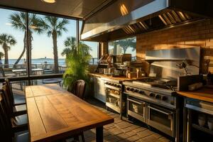 inside kitchen in the minimalist beach inn professional advertising photography AI Generated photo