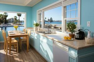 inside kitchen in the minimalist beach inn professional advertising photography AI Generated photo