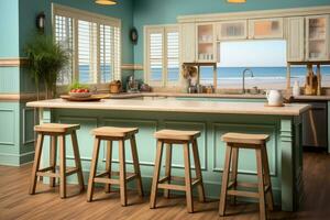 inside kitchen in the minimalist beach inn professional advertising photography AI Generated photo