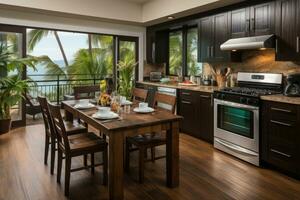 inside kitchen in the minimalist beach inn professional advertising photography AI Generated photo