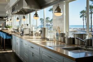 inside kitchen in the minimalist beach inn professional advertising photography AI Generated photo