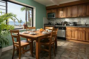 inside kitchen in the minimalist beach inn professional advertising photography AI Generated photo