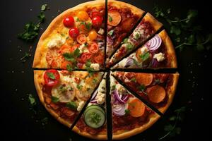 slice pizza flat lay top view light background professional advertising food photography AI Generated photo