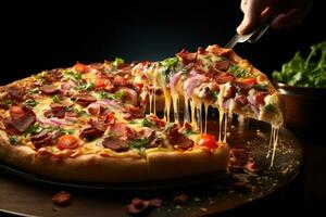 slice pizza flat lay top view light background professional advertising food photography AI Generated photo