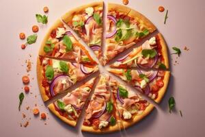 slice pizza with topping view light background professional advertising food photography AI Generated photo