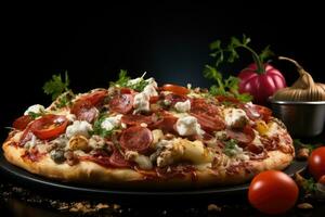 pizza with topping view light background professional advertising food photography AI Generated photo