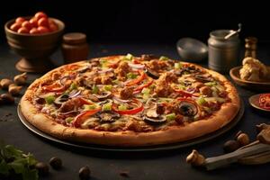 pizza with topping view light background professional advertising food photography AI Generated photo