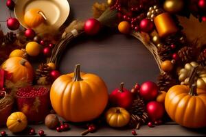 A Harvest of Thanks, Thanksgiving on Wooden Backdrop, AI Generated photo