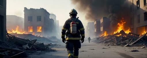 panorámico soledad, bombero resiliencia, ai generado foto