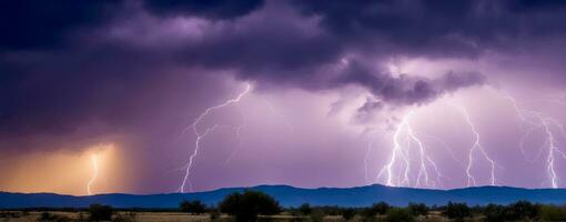 Awe Inspiring Lightning Panorama in the Landscape, AI Generated photo