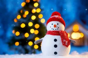 Winter Whimsy, Snowman and Christmas Tree in Realistic Setting, AI Generated photo