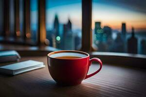 a cup of coffee with a view of the city. AI-Generated photo