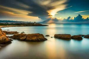 a long exposure photograph of the ocean and rocks. AI-Generated photo