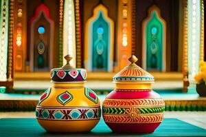 two colorful vases on a table in front of a colorful background. AI-Generated photo