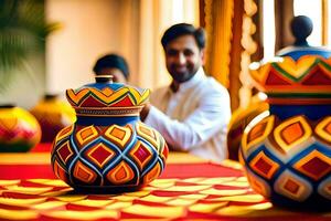 a man is sitting in front of a colorful pot. AI-Generated photo