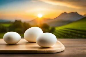 three eggs on a cutting board with a sunset in the background. AI-Generated photo