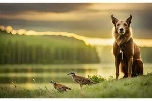 a dog and two birds standing in front of a lake. AI-Generated photo