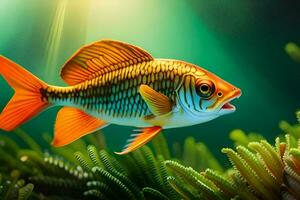 a fish swimming in the water with green plants. AI-Generated photo