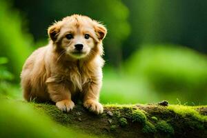 a puppy sitting on a moss covered log. AI-Generated photo