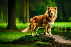 a dog standing on a rock in the forest. AI-Generated photo