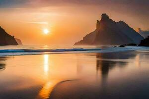 el Dom conjuntos terminado el Oceano y montañas. generado por ai foto