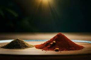 three different spices on a wooden table. AI-Generated photo