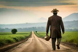 a man in a hat and coat walking down a dirt road. AI-Generated photo