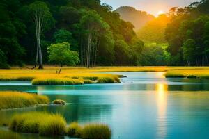 el Dom es ajuste terminado un río en el medio de un bosque. generado por ai foto