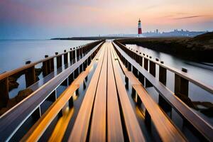 a long exposure photograph of a pier with a lighthouse in the background. AI-Generated photo