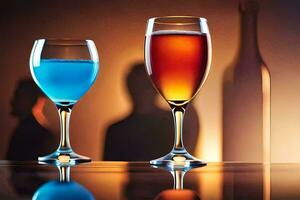 two glasses of colored liquid sit on a table. AI-Generated photo