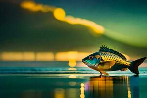 un pescado es en pie en el playa a noche. generado por ai foto