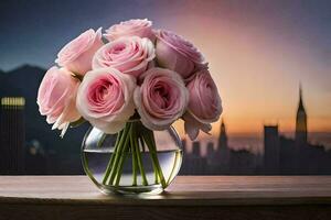 pink roses in a vase on a table with a city in the background. AI-Generated photo