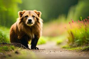 a brown bear walking on a dirt road. AI-Generated photo