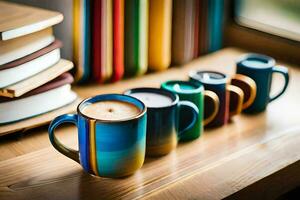 colorful coffee cups lined up on a table. AI-Generated photo
