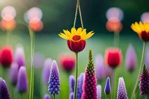 a yellow flower is hanging from a flower garden. AI-Generated photo