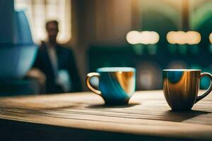 two coffee cups sitting on a table in front of a man. AI-Generated photo