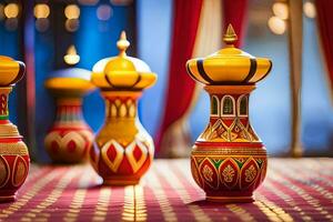 three colorful vases on a red tablecloth. AI-Generated photo