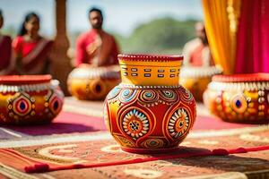 a colorful vase sitting on a table with people in the background. AI-Generated photo