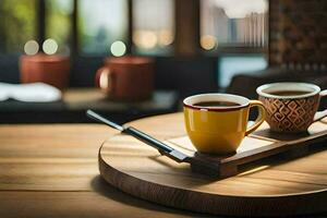 two coffee cups on a wooden tray. AI-Generated photo