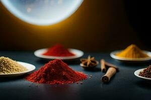 various spices and spices on a table. AI-Generated photo