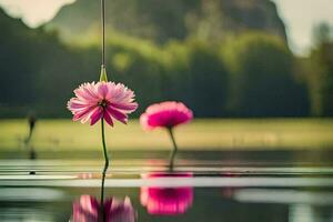 two pink flowers are floating in the water. AI-Generated photo
