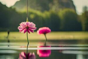 dos rosado flores son flotante en el agua. generado por ai foto